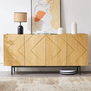 Dressoir van natuurlijk hout met 4 deuren, geïntegreerd metaal, veelzijdige opbergruimte, houtmateriaal (160x40x78 cm)