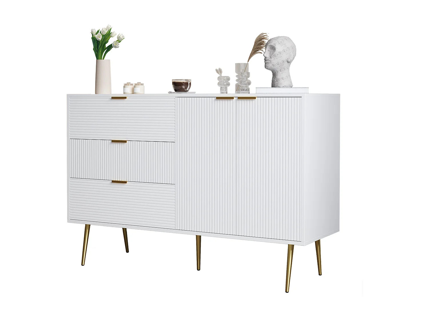 Dressoir met 3 deuren en laden, MDF, wit en goud, (120x38x80,5 cm)