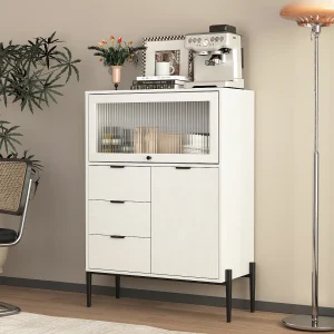 Dressoir met 3 lades, 1 deur en 1 glazen deur, houten opbergkast voor keuken, eetkamer, hal, wit (85x40x120 cm)