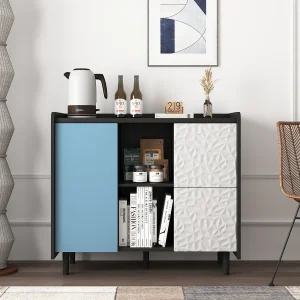 Dressoir met 2 lades, 2 open planken en blauwe deuren, moderne opbergkast in zwart en blauw MDF (90x40x80 cm) Dressoir met 2 lades, 2 open planken en blauwe deuren, moderne opbergkast in zwart en blauw MDF (90x40x80 cm)