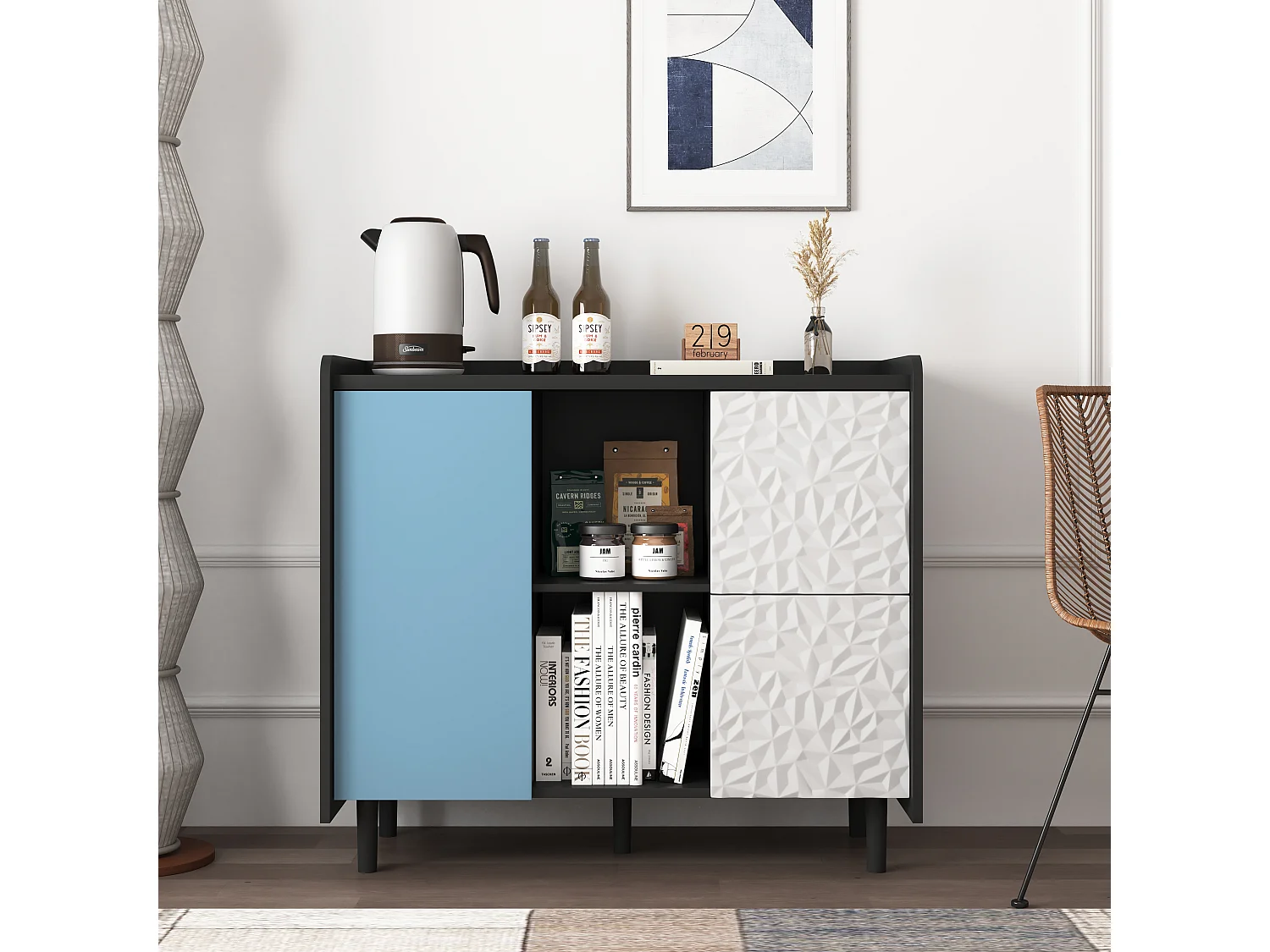 Dressoir met 2 lades, 2 open planken en blauwe deuren, moderne opbergkast in zwart en blauw MDF (90x40x80 cm)