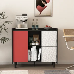 Dressoir met 2 lades, 2 open planken en rode deuren, moderne opbergkast in zwart en rood MDF (90x40x80 cm) Dressoir met 2 lades, 2 open planken en rode deuren, moderne opbergkast in zwart en rood MDF (90x40x80 cm)