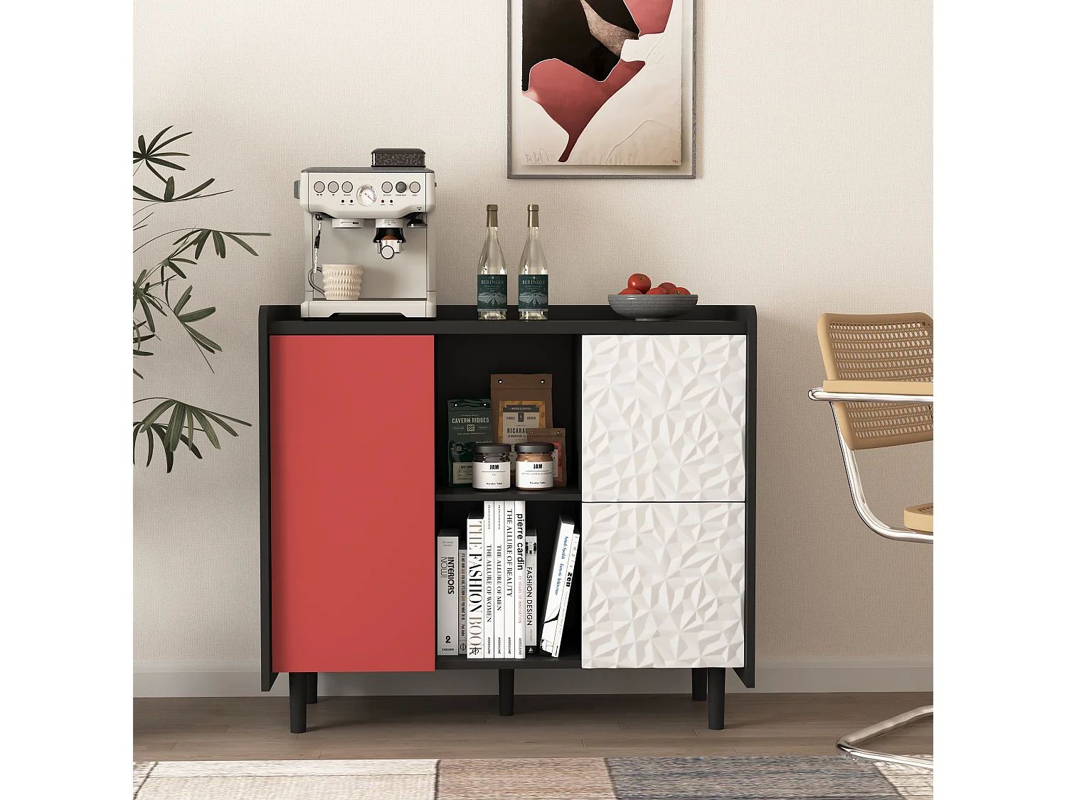 Dressoir met 2 lades, 2 open planken en rode deuren, moderne opbergkast in zwart en rood MDF (90x40x80 cm)
