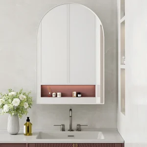 Gebogen spiegelkast, wandkast met metalen frames en verstelbare planken, voor badkamer, woonkamer en slaapkamer (91x61x12 cm) Gebogen spiegelkast, wandkast met metalen frames en verstelbare planken, voor badkamer, woonkamer en slaapkamer (91x61x12 cm)