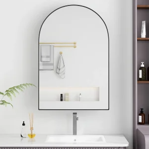 Gebogen spiegelkast, metalen wandkast met spiegel en verstelbare planken, voor badkamer, woonkamer en slaapkamer, zwart (91x61x12 cm) Gebogen spiegelkast, metalen wandkast met spiegel en verstelbare planken, voor badkamer, woonkamer en slaapkamer, zwart (91x61x12 cm)