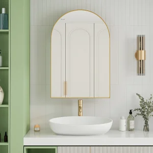 Gebogen spiegelkast, wandkast met metalen frame, verstelbare planken, voor badkamer, woonkamer en slaapkamer, goud (91x61x12 cm) Gebogen spiegelkast, wandkast met metalen frame, verstelbare planken, voor badkamer, woonkamer en slaapkamer, goud (91x61x12 cm)