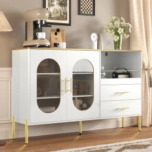 Dressoir 140x38x90cm met 2 glazen deuren, 2 laden en 1 nis, romp in witte lak met handgrepen en poten in goudkleurig metaal Dressoir 140x38x90cm met 2 glazen deuren, 2 laden en 1 nis, romp in witte lak met handgrepen en poten in goudkleurig metaal