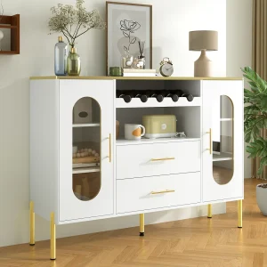 Dressoir 120x38x90cm met 2 glazen deuren, 2 laden en 2 nissen, body in witte lak met handgrepen en poten in goudkleurig metaal