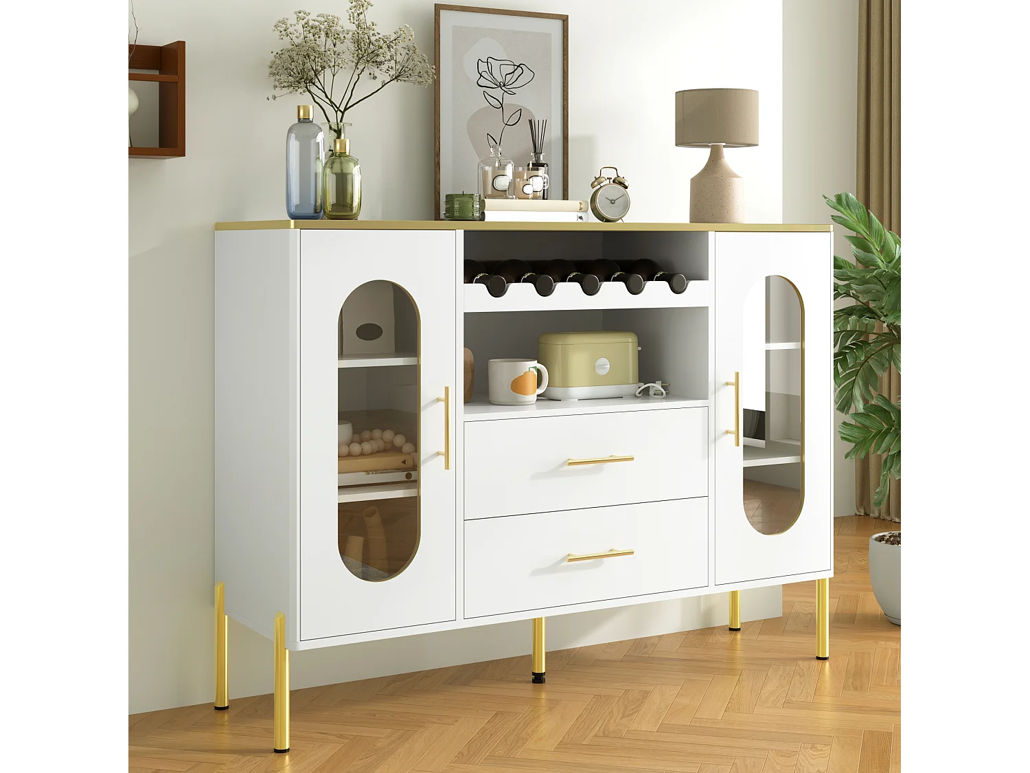 Dressoir 120x38x90cm met 2 glazen deuren, 2 laden en 2 nissen, body in witte lak met handgrepen en poten in goudkleurig metaal