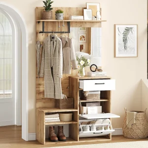 Gangkastset 100×38,5x190cm met bank, lade, 2 deuren en spiegel, licht naturel en wit gelakt Gangkastset 100×38,5x190cm met bank, lade, 2 deuren en spiegel, licht naturel en wit gelakt