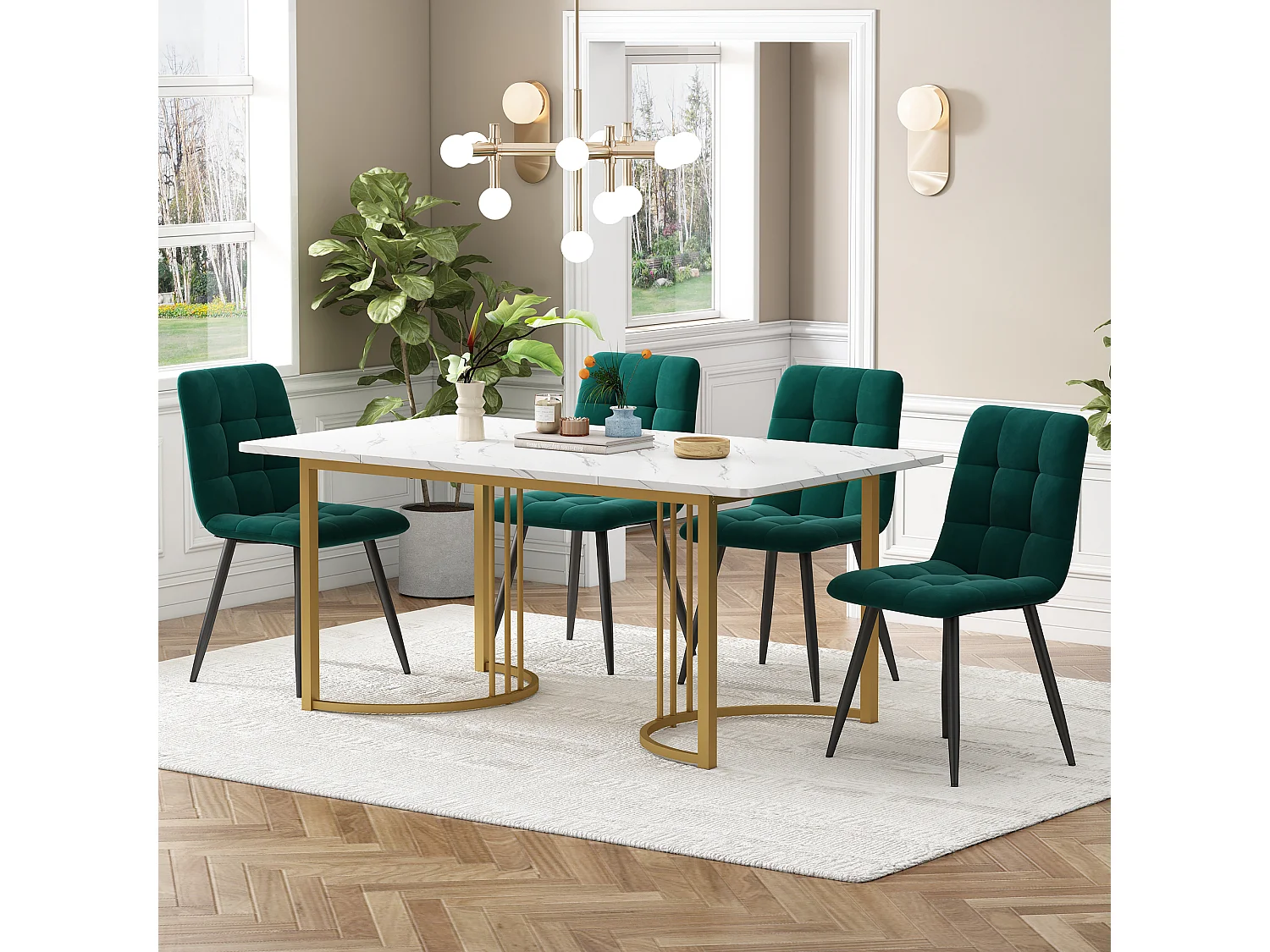 Eetkamerset van 5 stuks, met 4 stoelen, witte MDF tafel, gouden metalen poten, donkergroene fluwelen stoelen (140x80x75 cm)