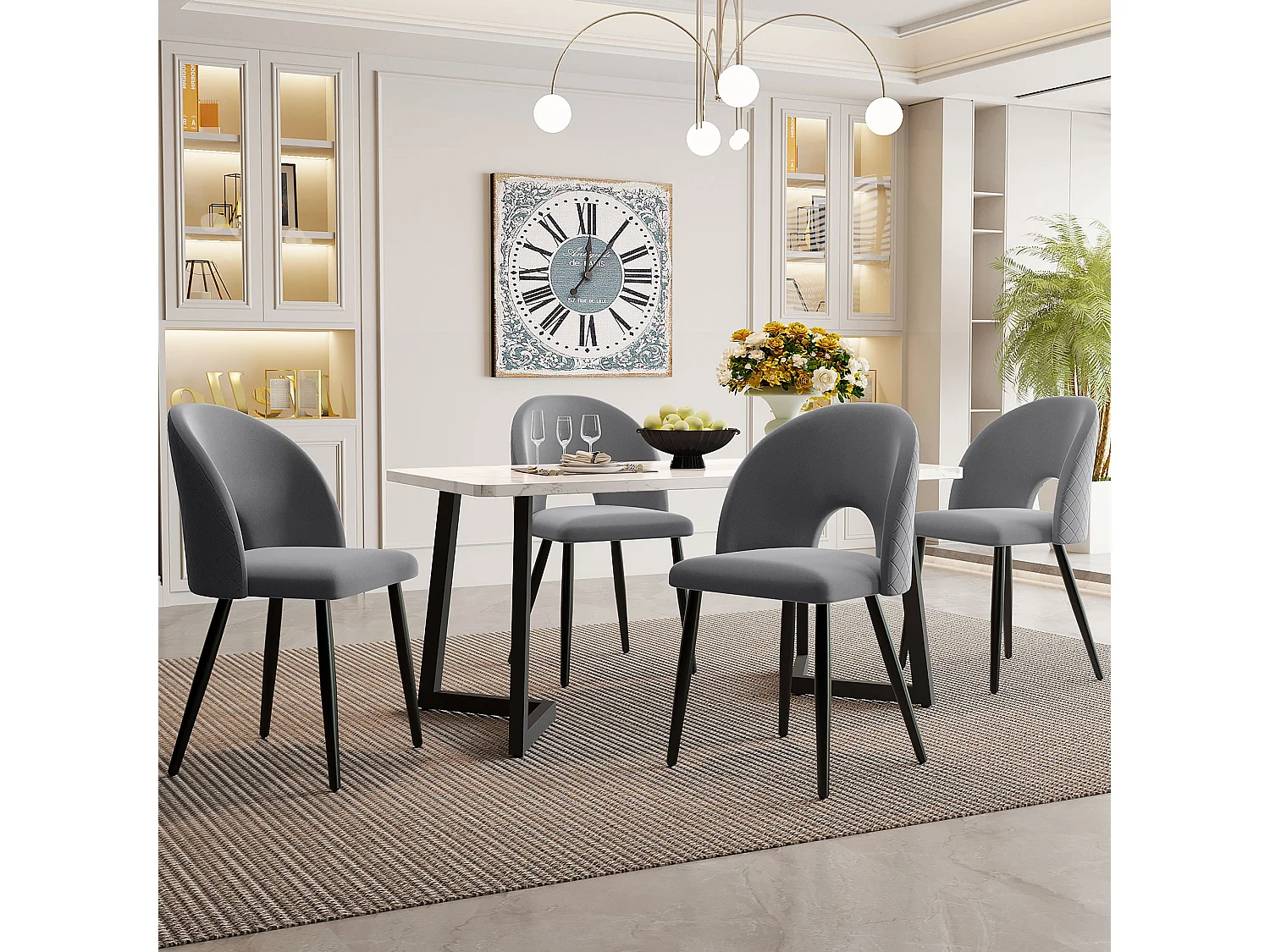 Essgruppe (5 stuks), Rechthoekige tafel 117x68 cm met 4 grijze fluwelen stoelen, zwarte metalen poten, ruitmotief