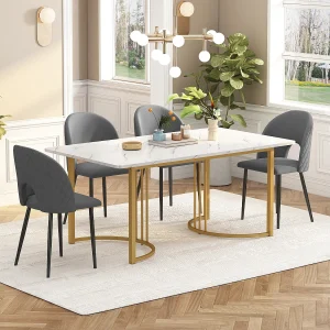 Eetkamerset van 5 stuks, tafel 140x80x75 cm met 4 grijze fluwelen stoelen, zwarte metalen poten, witte MDF tafel Eetkamerset van 5 stuks, tafel 140x80x75 cm met 4 grijze fluwelen stoelen, zwarte metalen poten, witte MDF tafel