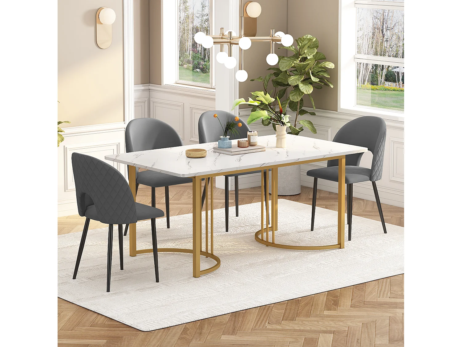 Eetkamerset van 5 stuks, tafel 140x80x75 cm met 4 grijze fluwelen stoelen, zwarte metalen poten, witte MDF tafel