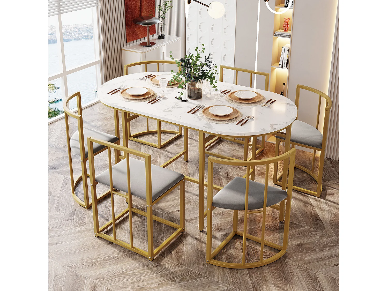 Eettafelset met 6 stoelen, witte tafel met rugleuning, stoelen en grijs kussen, goudkleurig metalen frame, MDF (140x80x76 cm)