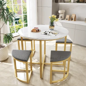 Eetkamerset (4 stoelen), MDF-tafel met gouden metalen poten, beige fluwelen stoelen (80x80x75 cm)