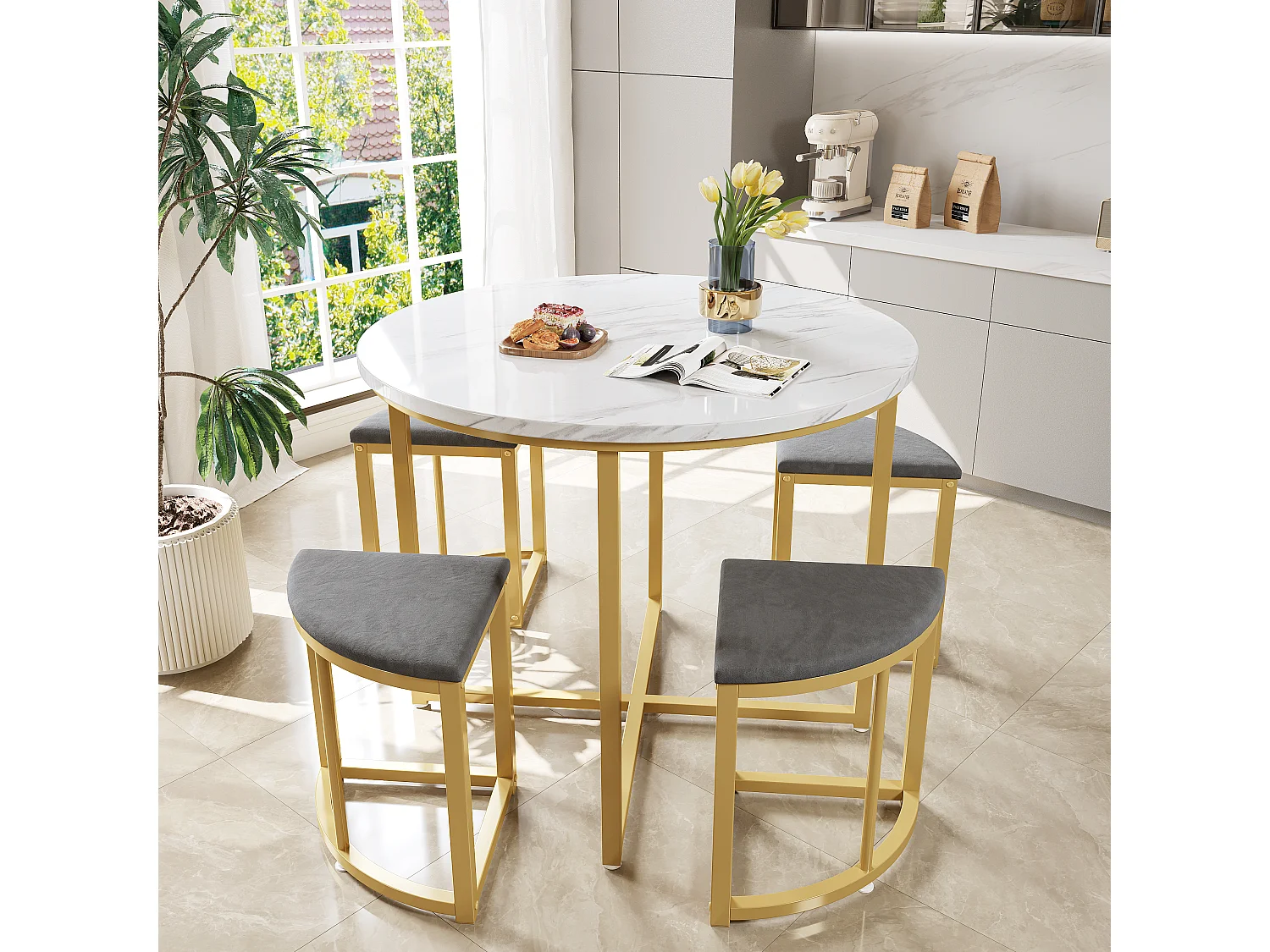 Eetkamerset (4 stoelen), MDF-tafel met gouden metalen poten, beige fluwelen stoelen (80x80x75 cm)