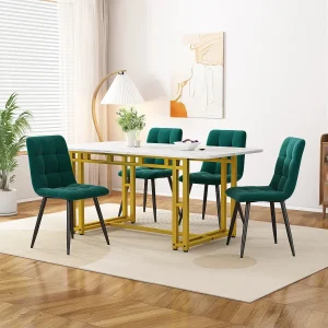 Eettafelset 120×70 cm met 4 stoelen, MDF tafel met gouden metalen poten, donkergroene fluwelen stoelen (120x70x76 cm) Eettafelset 120×70 cm met 4 stoelen, MDF tafel met gouden metalen poten, donkergroene fluwelen stoelen (120x70x76 cm)