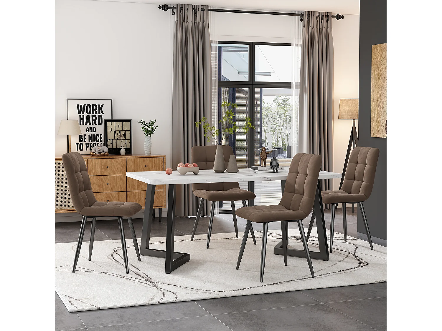 Eetkamerset van 5 stuks, rechthoekige tafel met 4 bruine fluwelen stoelen, zwarte metalen poten, wit MDF (117x68x75 cm)