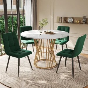 Eettafelset (5 stuks), ronde tafel van 100 cm met gouden metalen poten en 4 groene fluwelen stoelen (100x100x75 cm) Eettafelset (5 stuks), ronde tafel van 100 cm met gouden metalen poten en 4 groene fluwelen stoelen (100x100x75 cm)