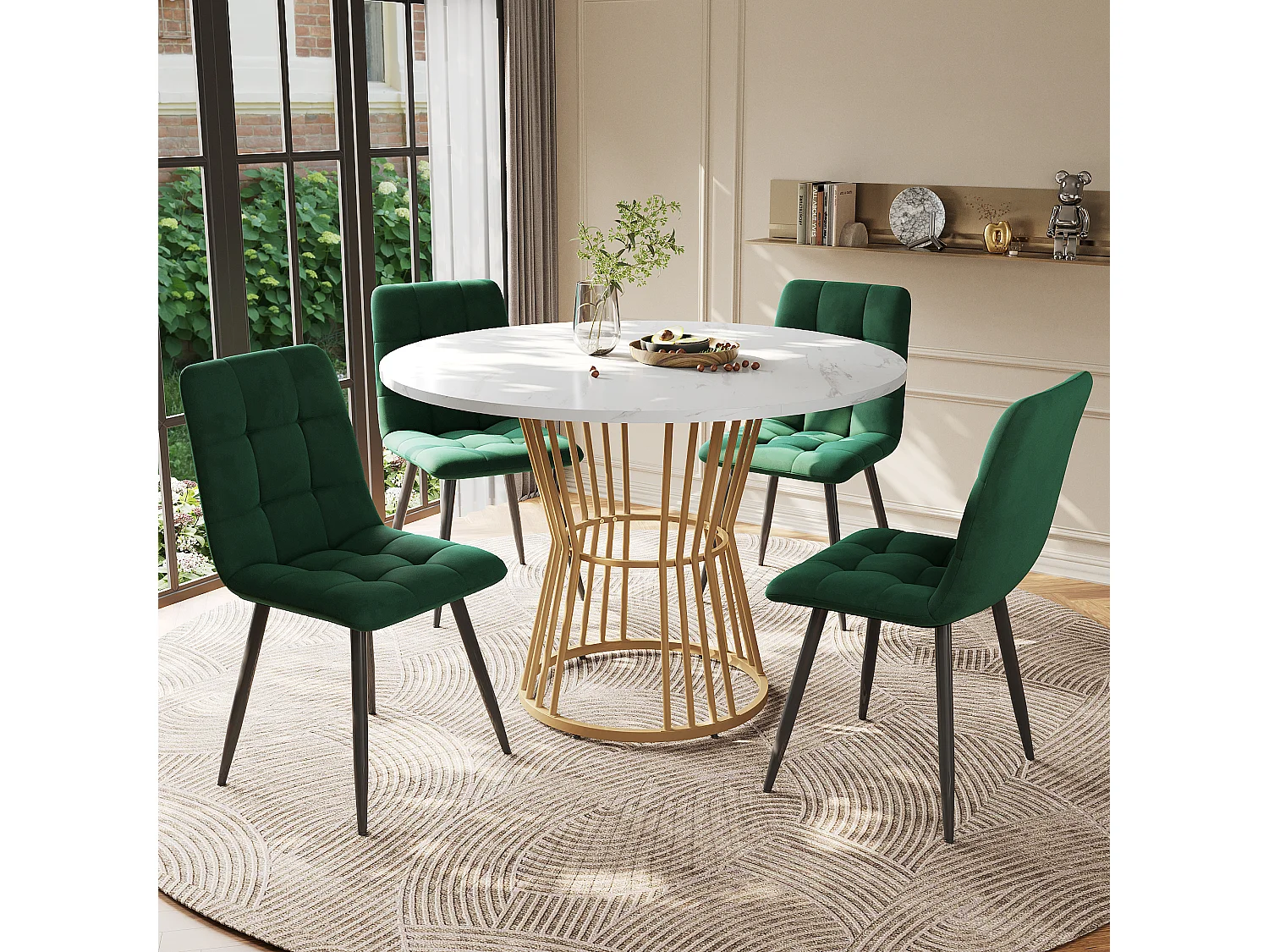 Eettafelset (5 stuks), ronde tafel van 100 cm met gouden metalen poten en 4 groene fluwelen stoelen (100x100x75 cm)