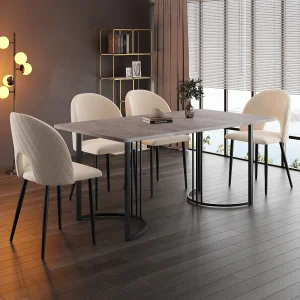Eetkamerset 140x80x75 cm, witte MDF tafel met 4 grijze fluwelen stoelen, zwarte en gouden metalen poten (140x80x75 cm) Eetkamerset 140x80x75 cm, witte MDF tafel met 4 grijze fluwelen stoelen, zwarte en gouden metalen poten (140x80x75 cm)