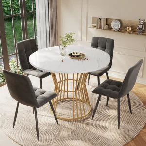 Eettafelset met 4 stoelen, ronde tafel van 100 cm, poten van goudkleurig metaal, blad van wit MDF, stoelen van donkergrijs fluweel (100x100x75 cm) Eettafelset met 4 stoelen, ronde tafel van 100 cm, poten van goudkleurig metaal, blad van wit MDF, stoelen van donkergrijs fluweel (100x100x75 cm)