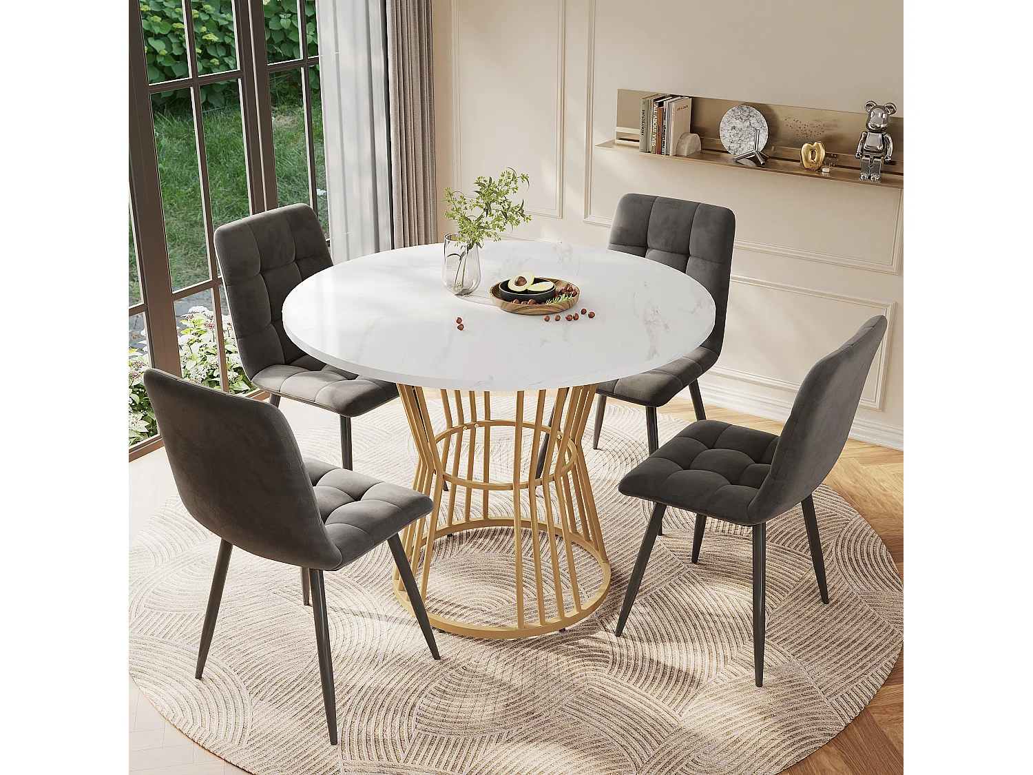 Eettafelset met 4 stoelen, ronde tafel van 100 cm, poten van goudkleurig metaal, blad van wit MDF, stoelen van donkergrijs fluweel (100x100x75 cm)