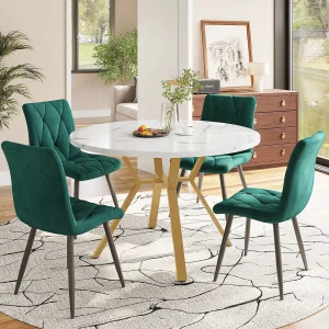 Eettafelset van 5 stuks, moderne ronde marmeren tafel + 4 groene fluwelen stoelen, gouden metalen poten (50 x 50 x 75 cm) Eettafelset van 5 stuks, moderne ronde marmeren tafel + 4 groene fluwelen stoelen, gouden metalen poten (50 x 50 x 75 cm)