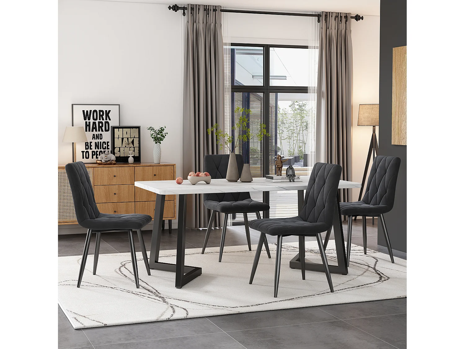 Essgruppe (5 stuks), Rechthoekige eettafel 117x68 cm met 4 grijze fluwelen stoelen, zwarte metalen poten