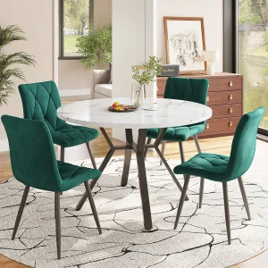 Eettafel- en stoelenset van 5 stuks, ronde marmeren tafel + 4 ergonomische groene suède stoelen, MDF + staal, zwart en groen (50x50x75 cm) Eettafel- en stoelenset van 5 stuks, ronde marmeren tafel + 4 ergonomische groene suède stoelen, MDF + staal, zwart en groen (50x50x75 cm)