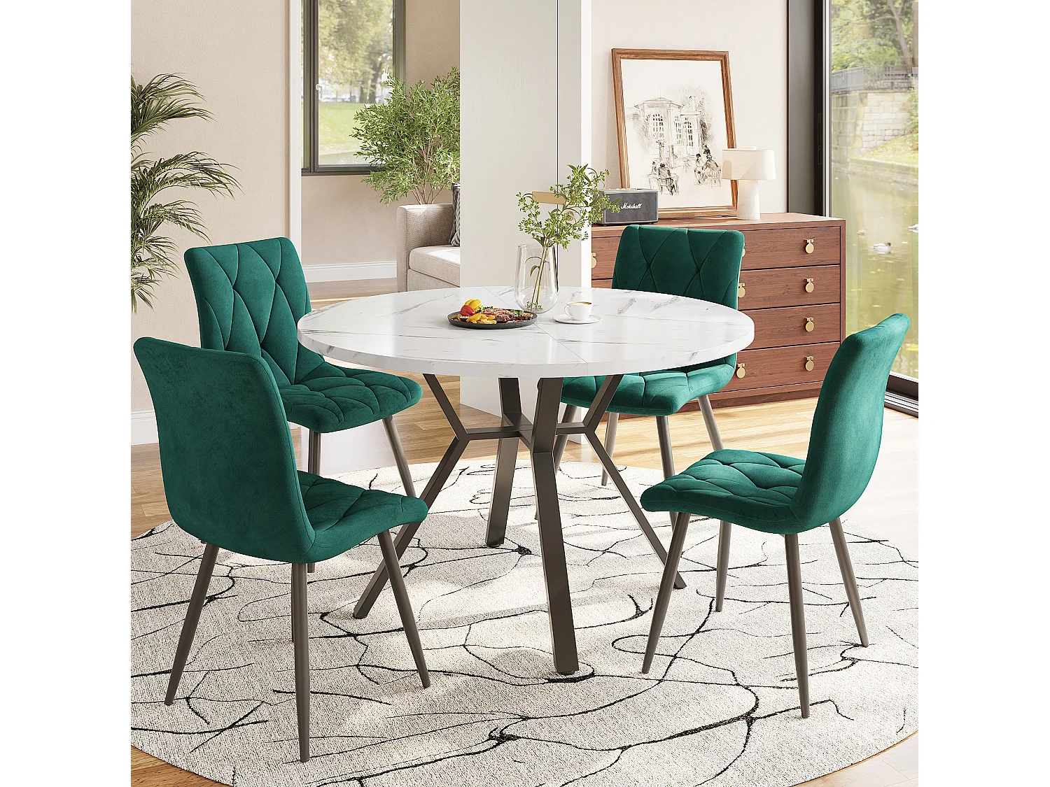 Eettafel- en stoelenset van 5 stuks, ronde marmeren tafel + 4 ergonomische groene suède stoelen, MDF + staal, zwart en groen (50x50x75 cm)