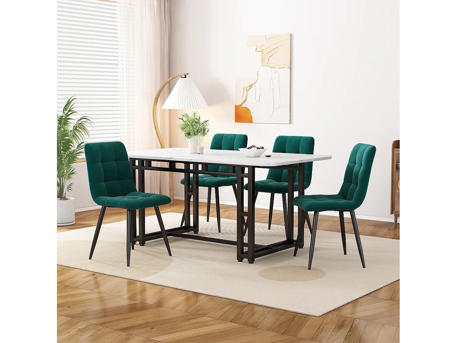 Eettafel 120x70 cm met 4 stoelen, MDF, metaal, zwart, groen