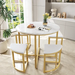 Eetkamerset met 4 stoelen, ronde MDF-tafel met goudkleurig metalen frame, fluwelen stoelen, modern en luxe, wit (80x80x75 cm) Eetkamerset met 4 stoelen, ronde MDF-tafel met goudkleurig metalen frame, fluwelen stoelen, modern en luxe, wit (80x80x75 cm)