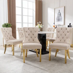 Eetkamerstoel van fluweel, decoratieve spijkers, gouden roestvrijstalen poten, beige/goud (50,5x45x95 cm)