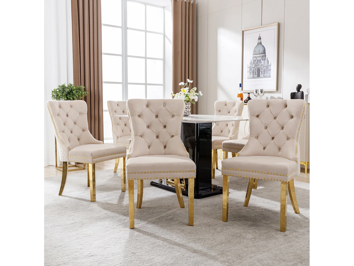 Eetkamerstoel van fluweel, decoratieve spijkers, gouden roestvrijstalen poten, beige/goud (50,5x45x95 cm)