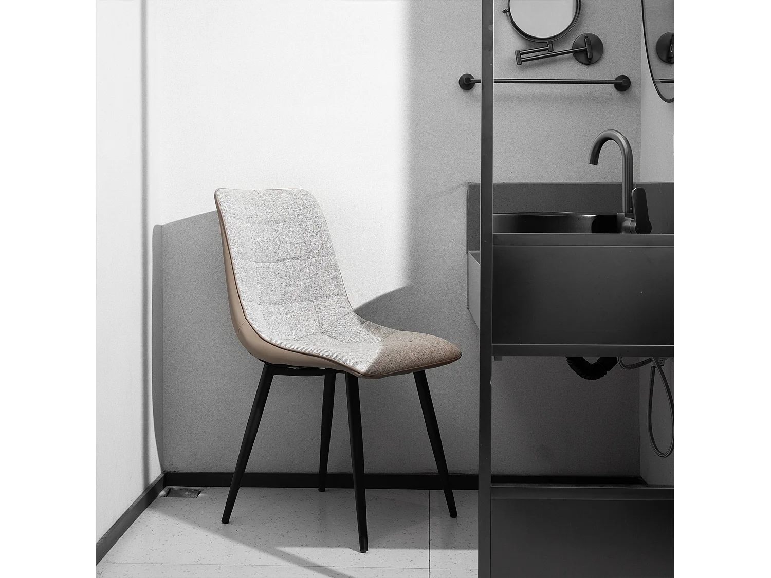 eetkamerstoelen met metalen frame, linnen stof en imitatieleer, comfortabel en modern, grijs (47x44x89 cm)