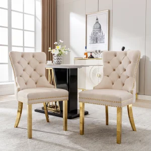 Eetkamerstoel van fluweel, decoratieve spijkers, gouden roestvrijstalen poten, beige/goud (50,5x45x95 cm)