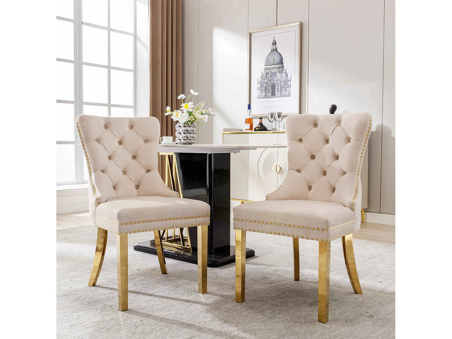 Eetkamerstoel van fluweel, decoratieve spijkers, gouden roestvrijstalen poten, beige/goud (50,5x45x95 cm)