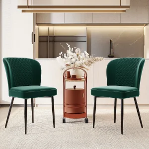 Eetkamerstoel (2 stuks), Design met rugleuning, Groene fluwelen zitting, Metalen poten, 47x43x86 cm Eetkamerstoel (2 stuks), Design met rugleuning, Groene fluwelen zitting, Metalen poten, 47x43x86 cm