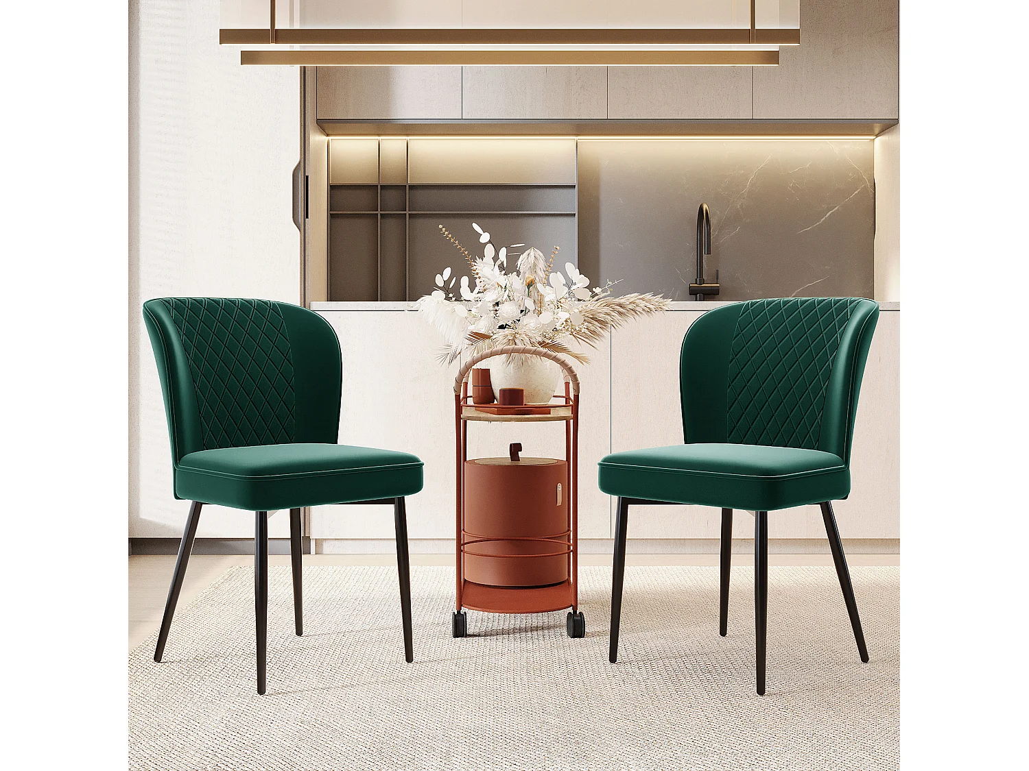 Eetkamerstoel (2 stuks), Design met rugleuning, Groene fluwelen zitting, Metalen poten, 47x43x86 cm