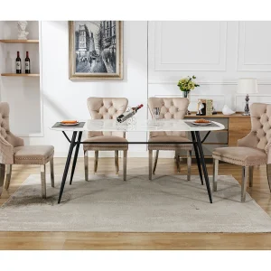 Eetkamerstoelen, set van 4, decoratieve bel en spijkers, metalen poten, beige fluweel (53×62,5×94,5 cm) Eetkamerstoelen, set van 4, decoratieve bel en spijkers, metalen poten, beige fluweel (53×62,5×94,5 cm)
