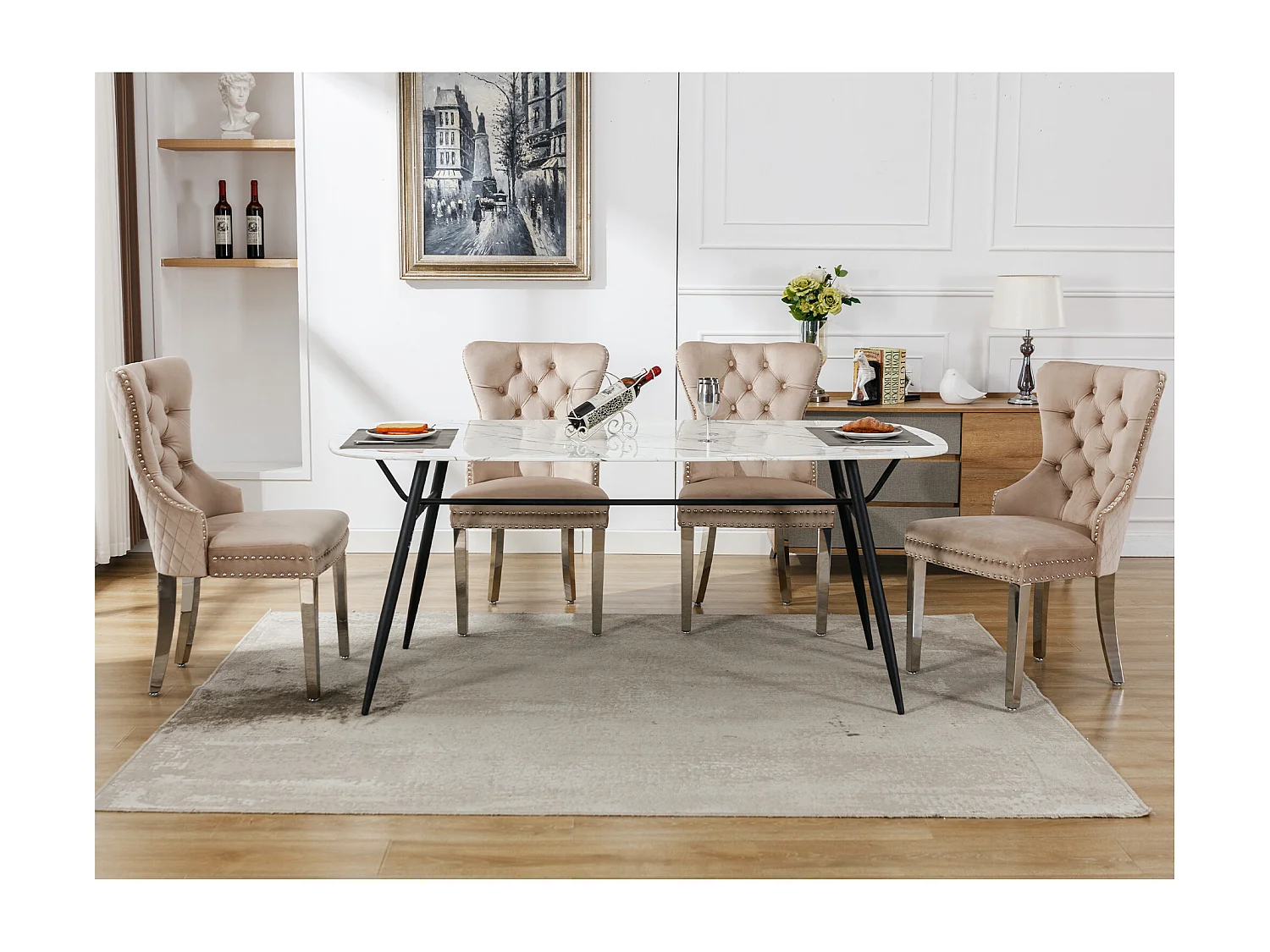 Eetkamerstoelen, set van 4, decoratieve bel en spijkers, metalen poten, beige fluweel (53x62,5x94,5 cm)