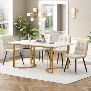 Eetkamerset van 5 stuks, met 4 stoelen, witte MDF-tafel met gouden metalen poten, beige fluwelen stoelen (140x80x75 cm) Eetkamerset van 5 stuks, met 4 stoelen, witte MDF-tafel met gouden metalen poten, beige fluwelen stoelen (140x80x75 cm)