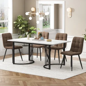 Eetkamerset van 5 stuks, tafel 140×80 cm met 4 beige fluwelen stoelen, zwarte en gouden metalen poten, wit MDF (140x80x75 cm) Eetkamerset van 5 stuks, tafel 140×80 cm met 4 beige fluwelen stoelen, zwarte en gouden metalen poten, wit MDF (140x80x75 cm)