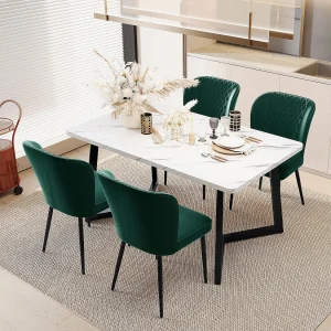 Eetkamerset, 117x68x75 cm tafel met 4 fluwelen stoelen, modern design, gouden metalen poten, wit en zwart MDF Eetkamerset, 117x68x75 cm tafel met 4 fluwelen stoelen, modern design, gouden metalen poten, wit en zwart MDF