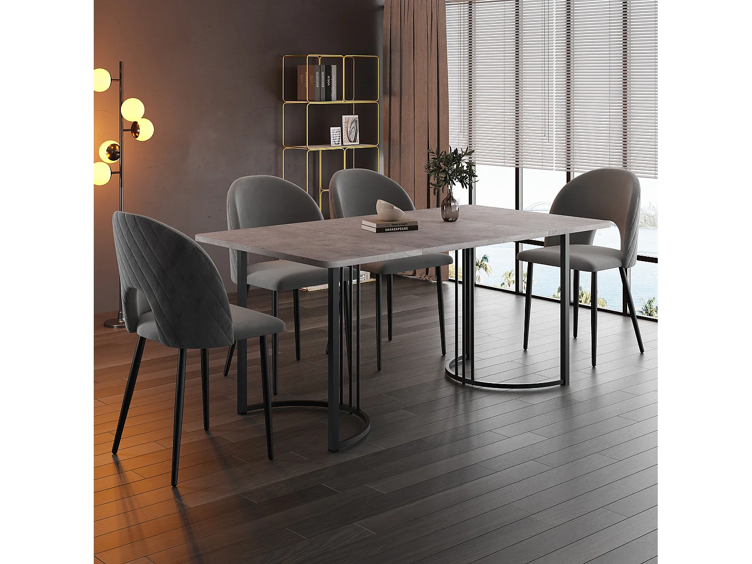 Eetkamerset van 5 stuks, tafel 140x80x75 cm in grijs MDF met zwarte metalen poten, 4 zwarte fluwelen stoelen met ruitpatroon