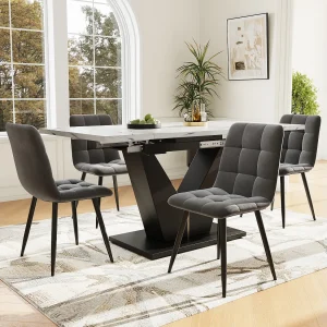 Eettafelset van 5 stuks, uitschuifbaar, 4 stoelen, gemarmerd MDF, zwarte V-vormige poten, grijze fluwelen stoelen (99-159x75x75 cm) Eettafelset van 5 stuks, uitschuifbaar, 4 stoelen, gemarmerd MDF, zwarte V-vormige poten, grijze fluwelen stoelen (99-159x75x75 cm)