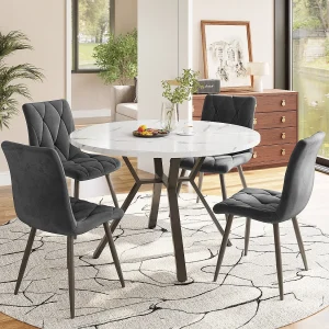 Eettafel en stoelenset (5 stuks), moderne ronde marmeren tafel + 4 grijze suède stoelen, MDF + staal, zwart en grijs (50x50x75 cm)