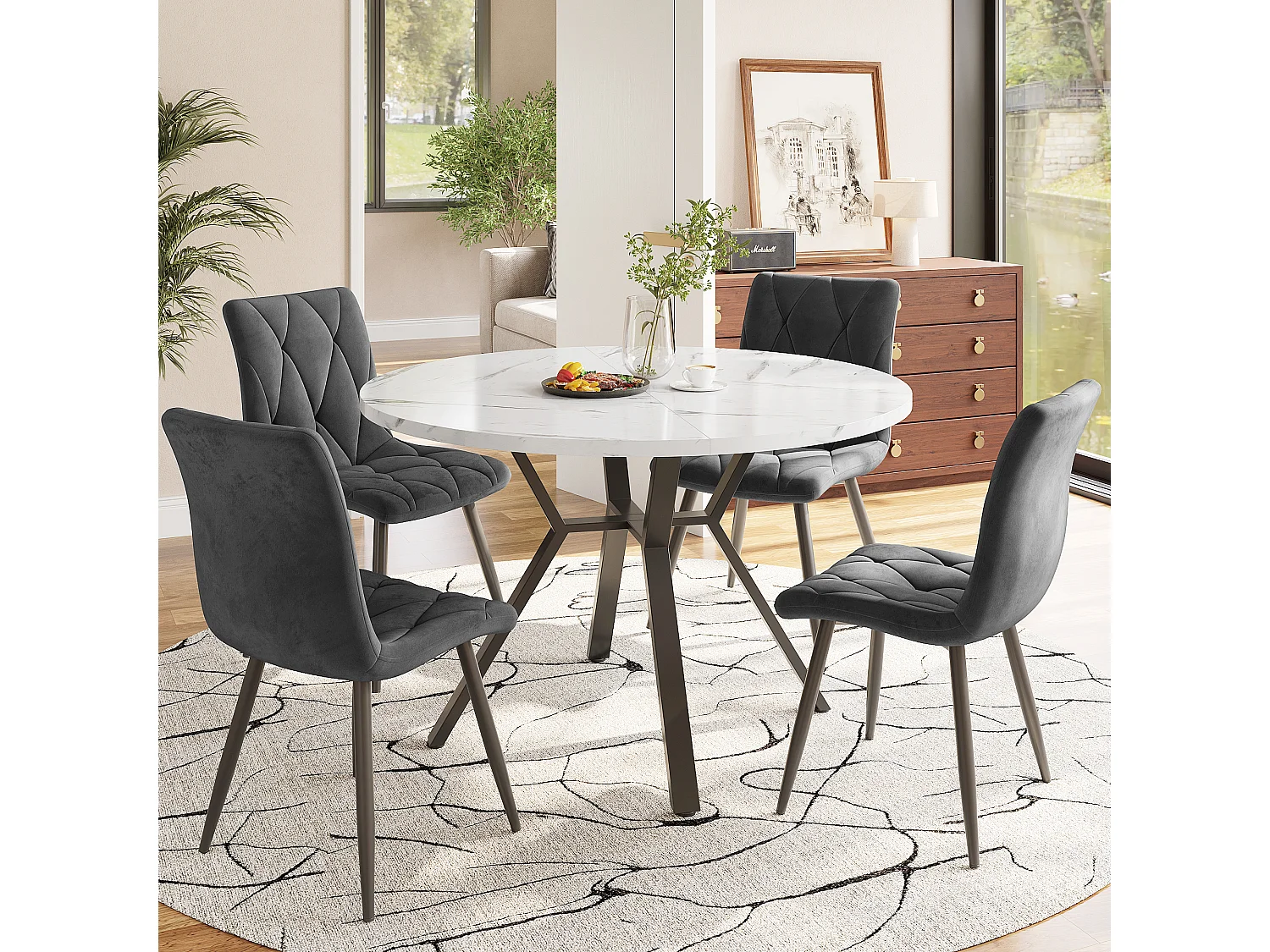 Eettafel en stoelenset (5 stuks), moderne ronde marmeren tafel + 4 grijze suède stoelen, MDF + staal, zwart en grijs (50x50x75 cm)